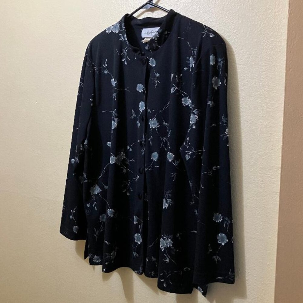 Vintage Los Angeles Woman Black Floral Pattern Long Sleeve Button Up Blouse XL